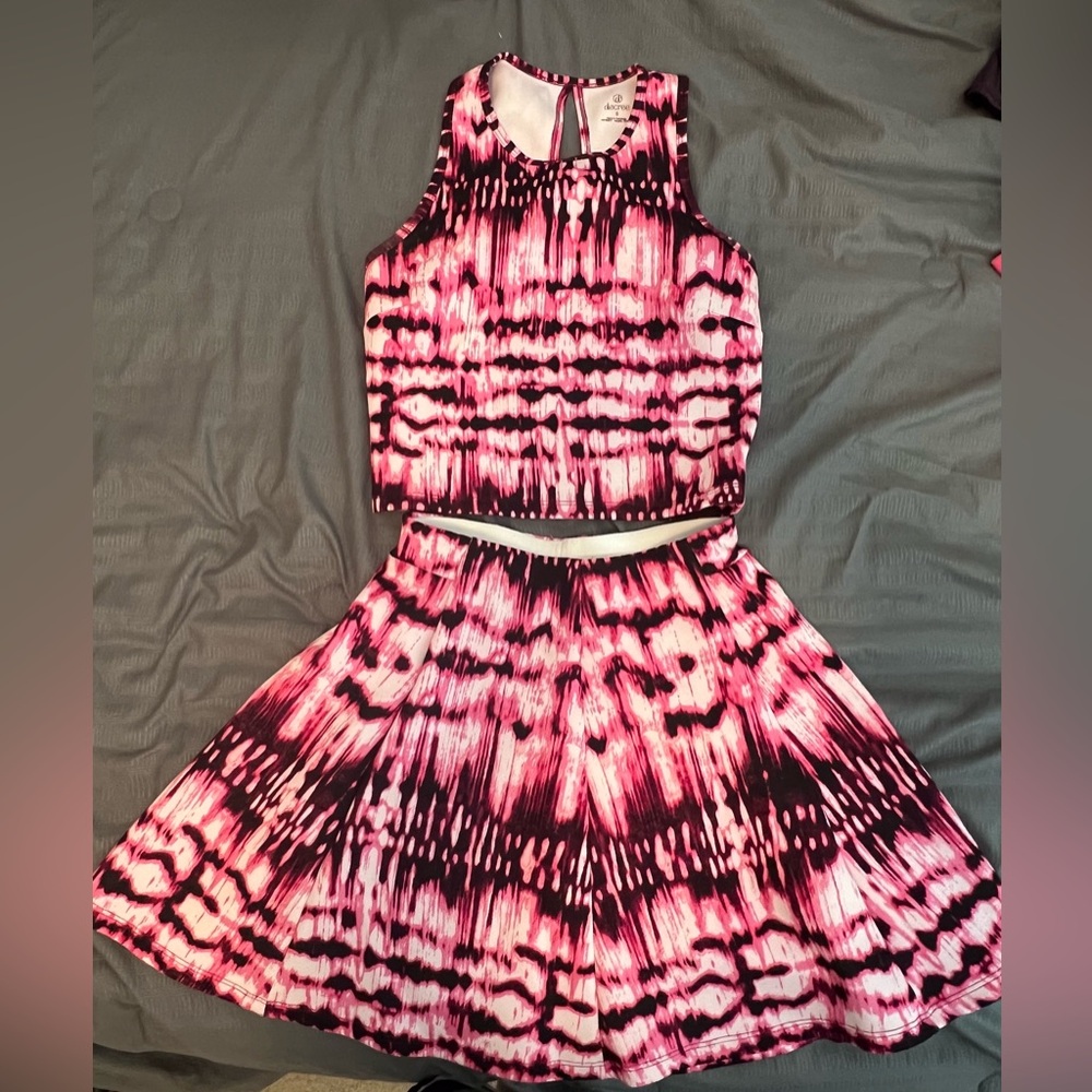 Decree Small Pink Matching Co-Ord Set Crop Top Skater Skirt Scuba